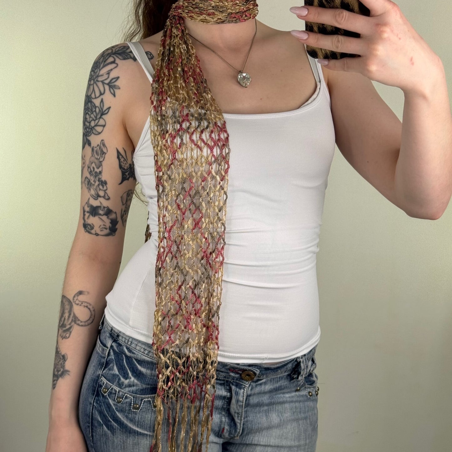 Y2K vintage scarf sheer glitter fringe multi coloured skinny thin ombre