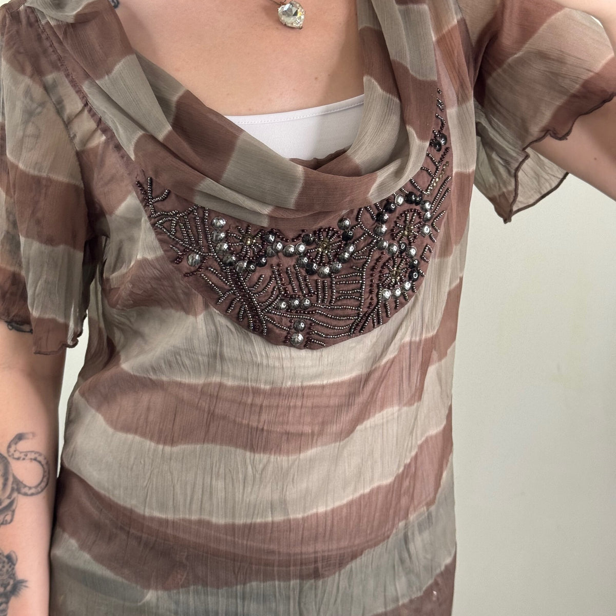Y2K vintage blouse stripe boho cowl neck embellished sheer short sleeve