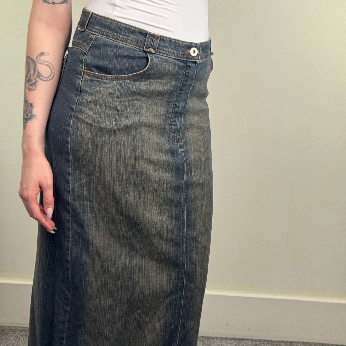 Y2K vintage denim maxi skirt denim dirty blue wash stretchy slit full length