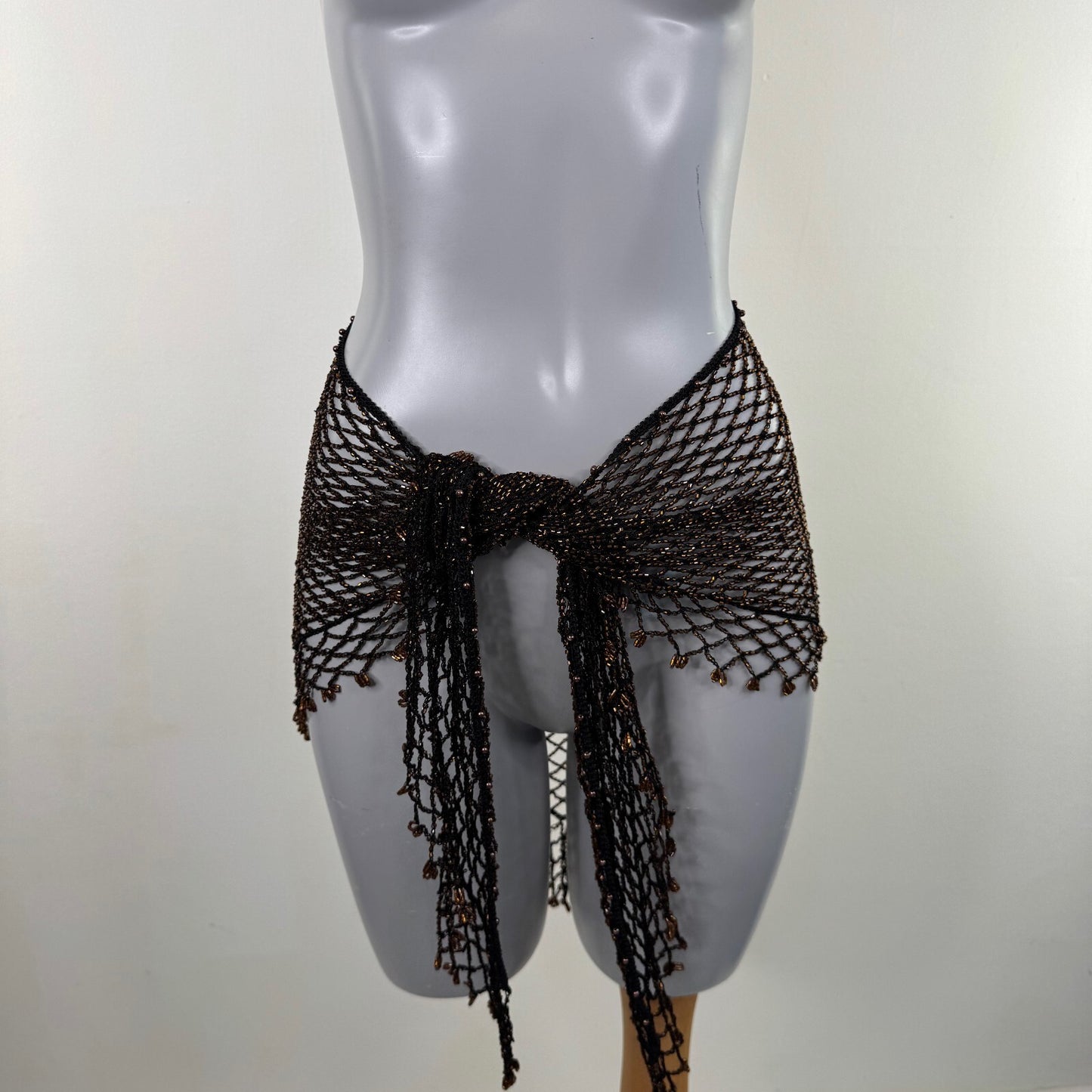 Y2K vintage beaded sarong fine knit black brown cover up scarf