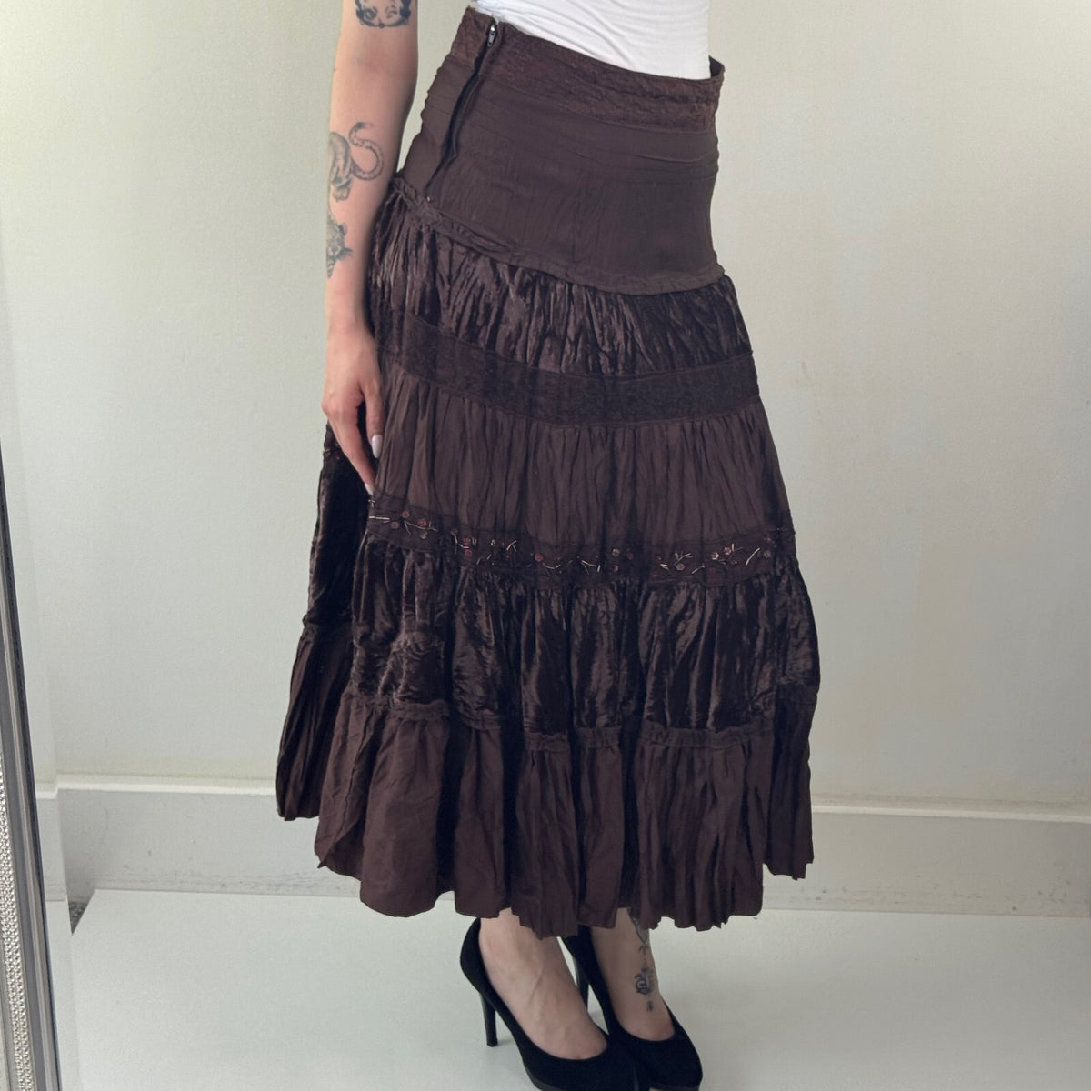 Y2K vintage maxi skirt boho a line tiered sequin velvet coquette fairy brown
