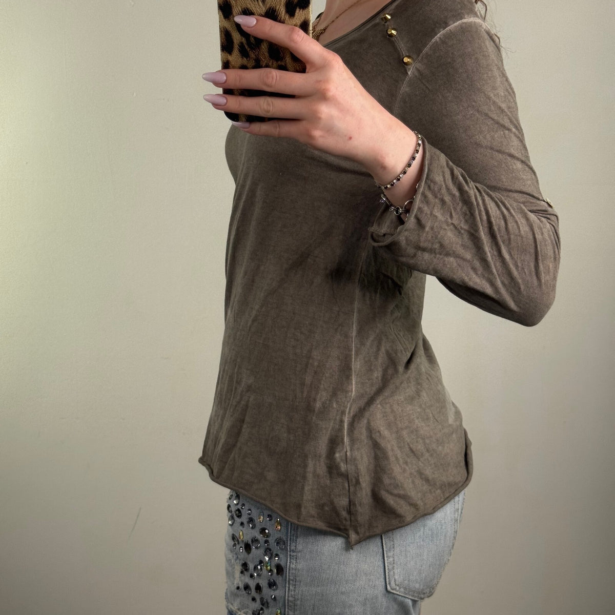 Y2K vintage long sleeve top studded khaki rolled up scoop neck