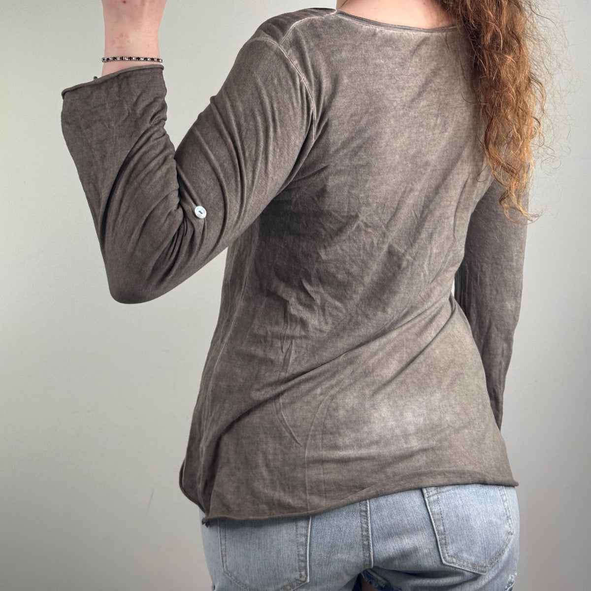 Y2K vintage long sleeve top studded khaki rolled up scoop neck