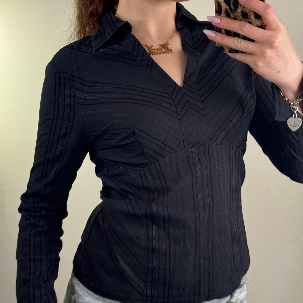 Y2K vintage blouse fitted long sleeve shirt stripe v neck collar office work