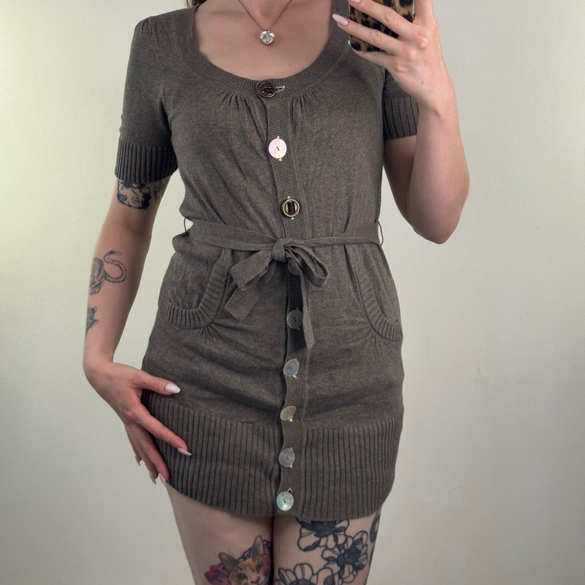 Y2K vintage cardigan short sleeve shell button up bow belt fine knit scoop neck