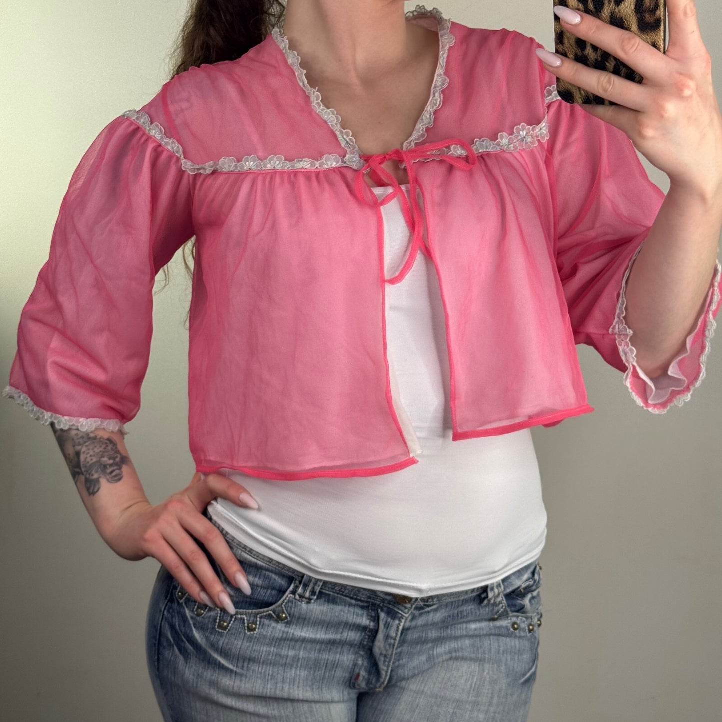 Vintage mesh cardigan nightwear crop short 3/4 sleeve tie front bow floral trim