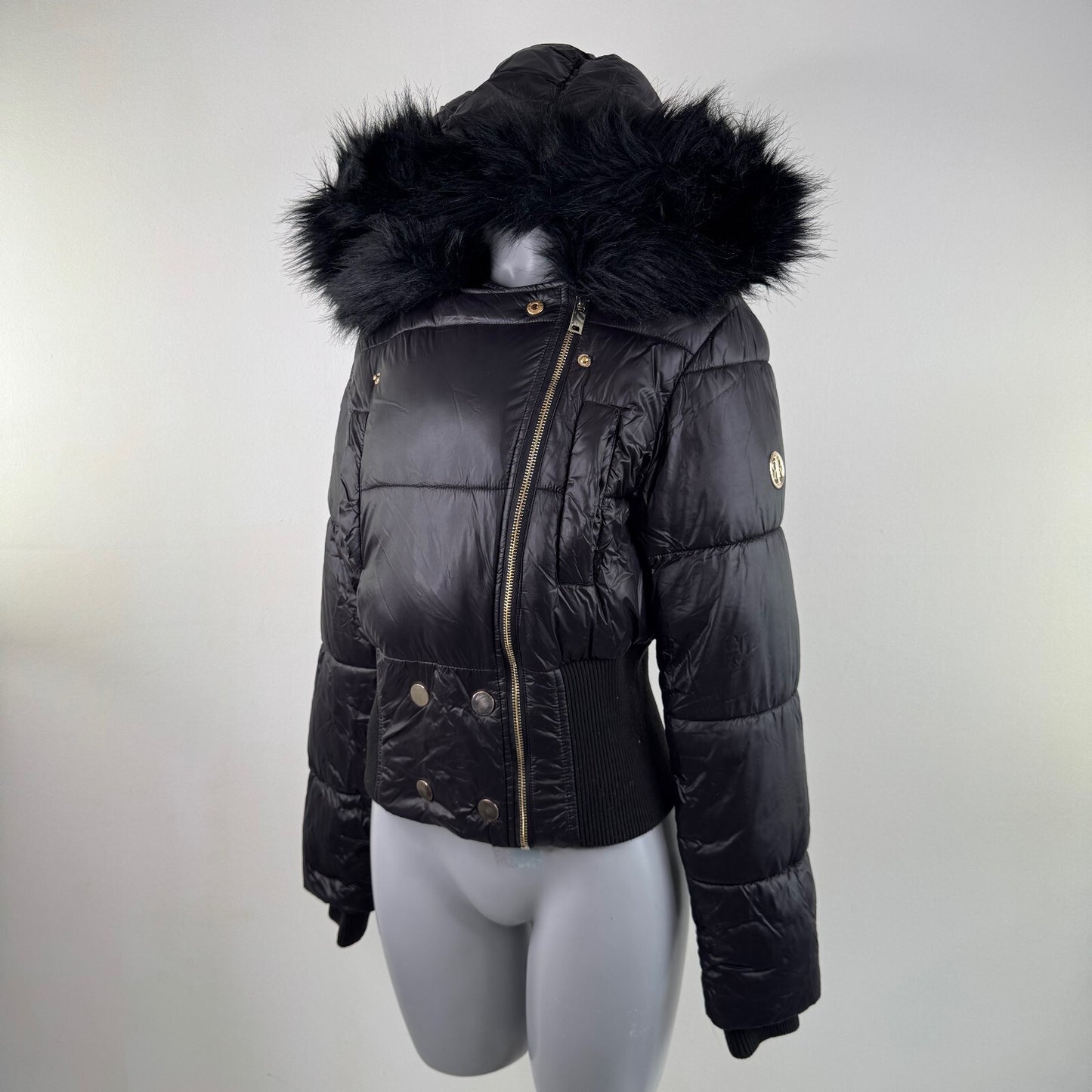 Vintage asymmetrical zip up bomber jacket faux fur trim mcbling cinch fitted