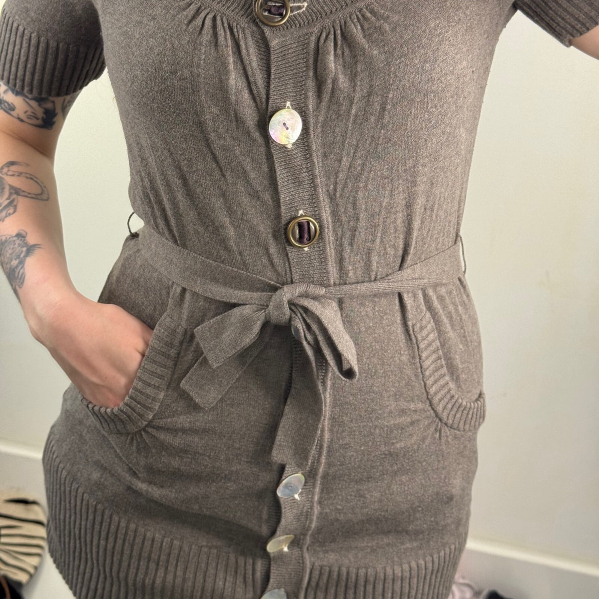 Y2K vintage cardigan short sleeve shell button up bow belt fine knit scoop neck