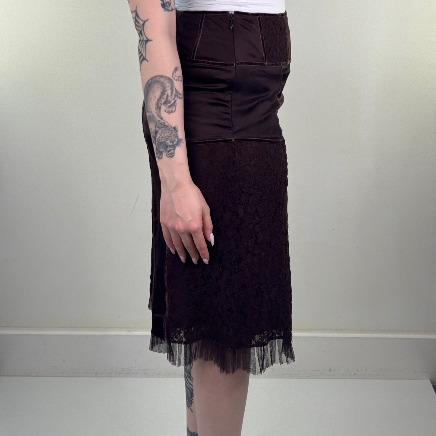 Y2K vintage Karen Millen midi skirt satin lace fairy boho mesh trim brown