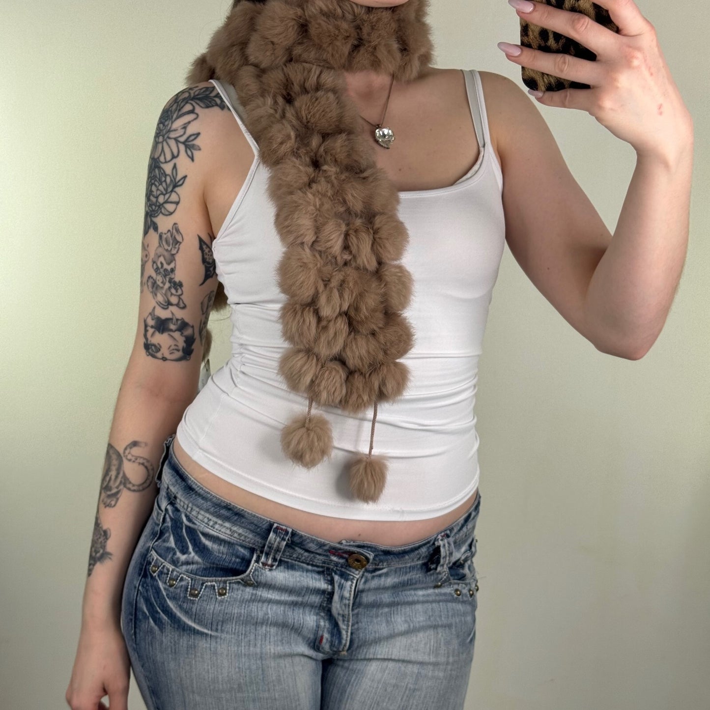 Y2K vintage genuine rabbit/ lapin scarf light brown pom pom