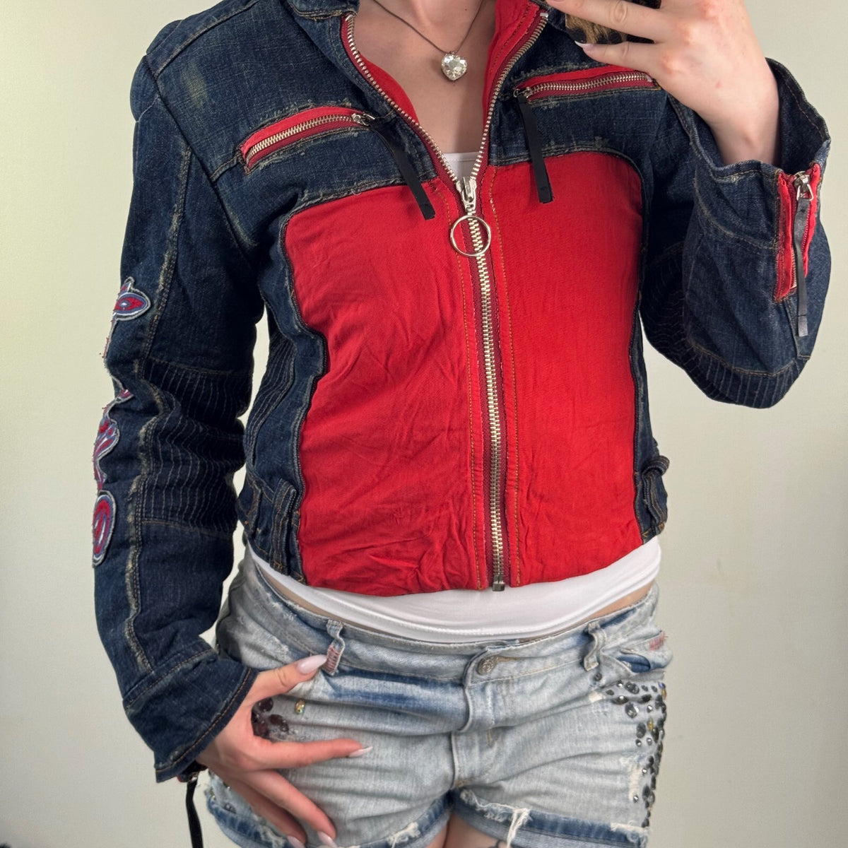 Y2K vintage denim jacket biker motorcycle moto zip up short patches high neck