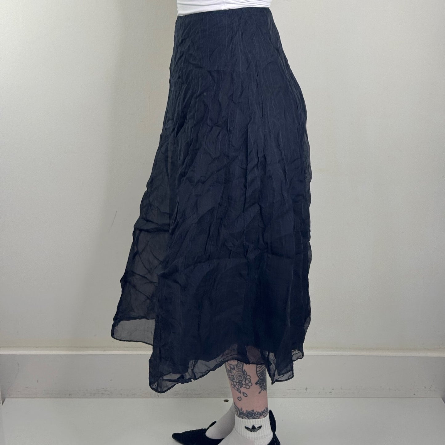 Y2K vintage 100% silk maxi skirt a line double layer black crinkle