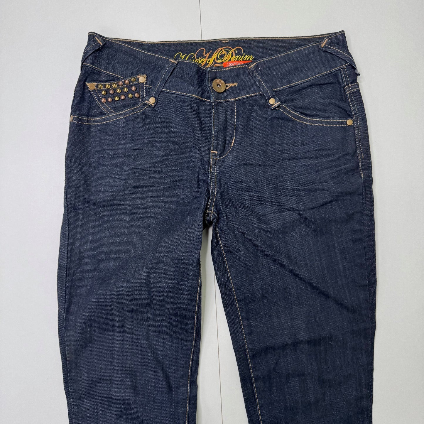 Y2K vintage low rise straight leg jeans dark blue denim wash studded cargo