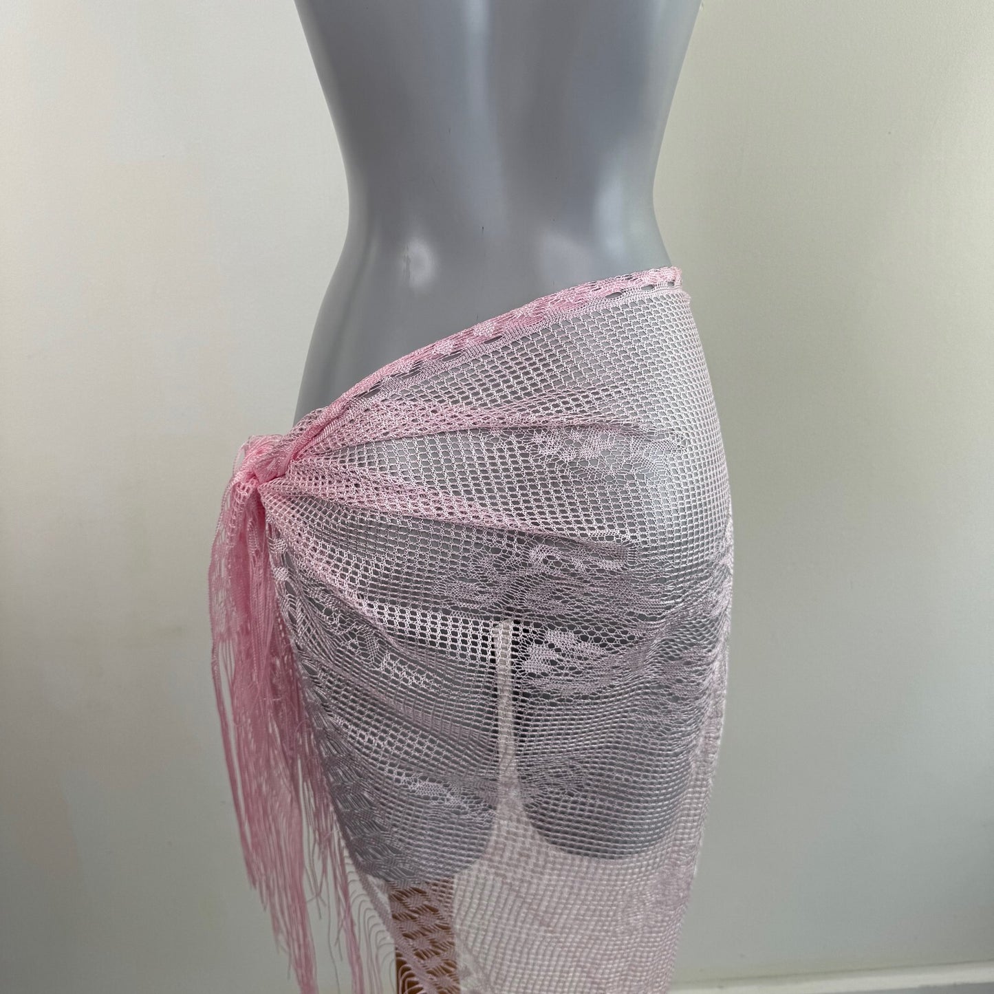 Y2K vintage sarong scarf fine knit lace sheer baby pink fringe floral cover up