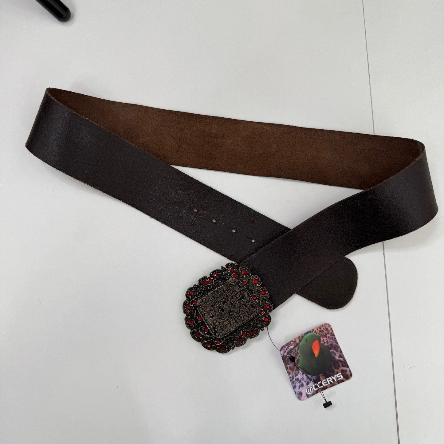 Y2K vintage genuine leather belt chunky rhinestone buckle red brown boho