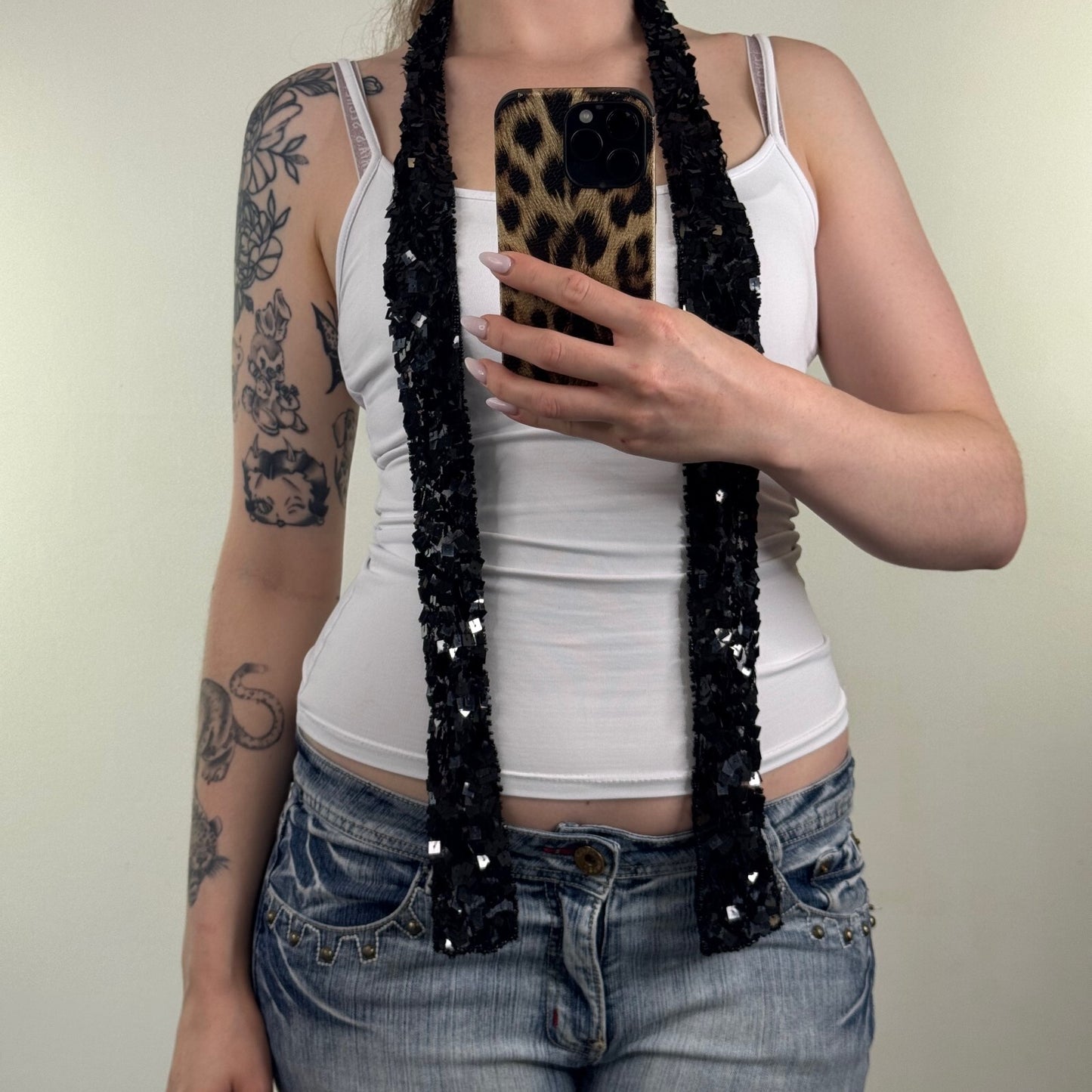 Y2K vintage scarf sequin skinny thin beaded mesh