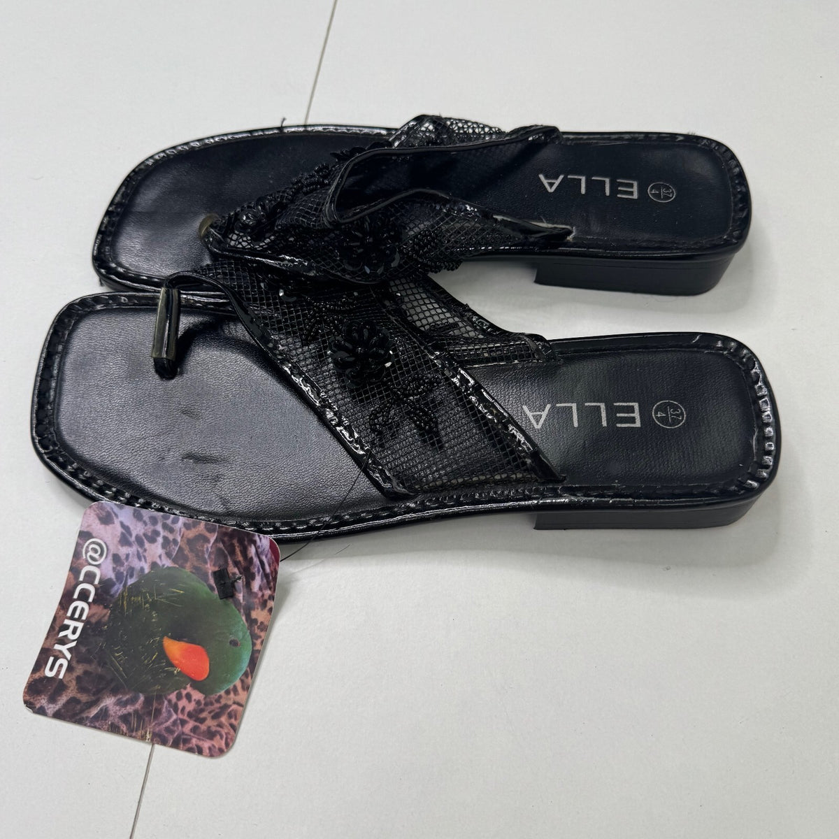 Y2K vintage sandals flip flops beaded mesh floral sequin square toe