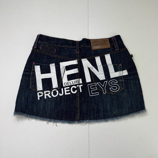 Y2K vintage Henleys mini skirt low rise graphic print dark blue denim wash