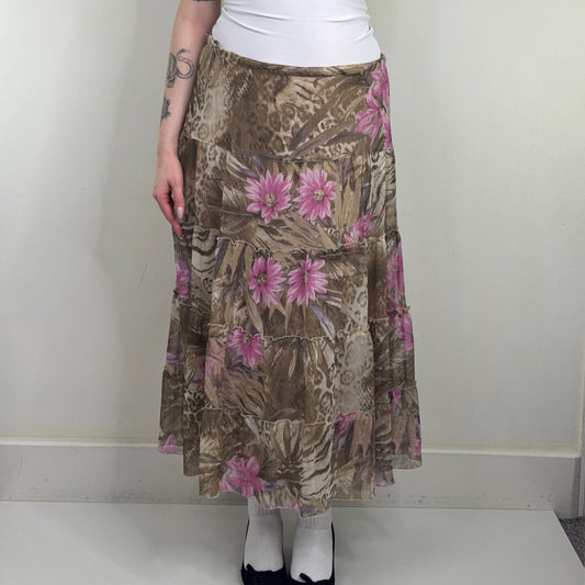 Y2K vintage maxi skirt a line lined floral leopard print tiered boho summer