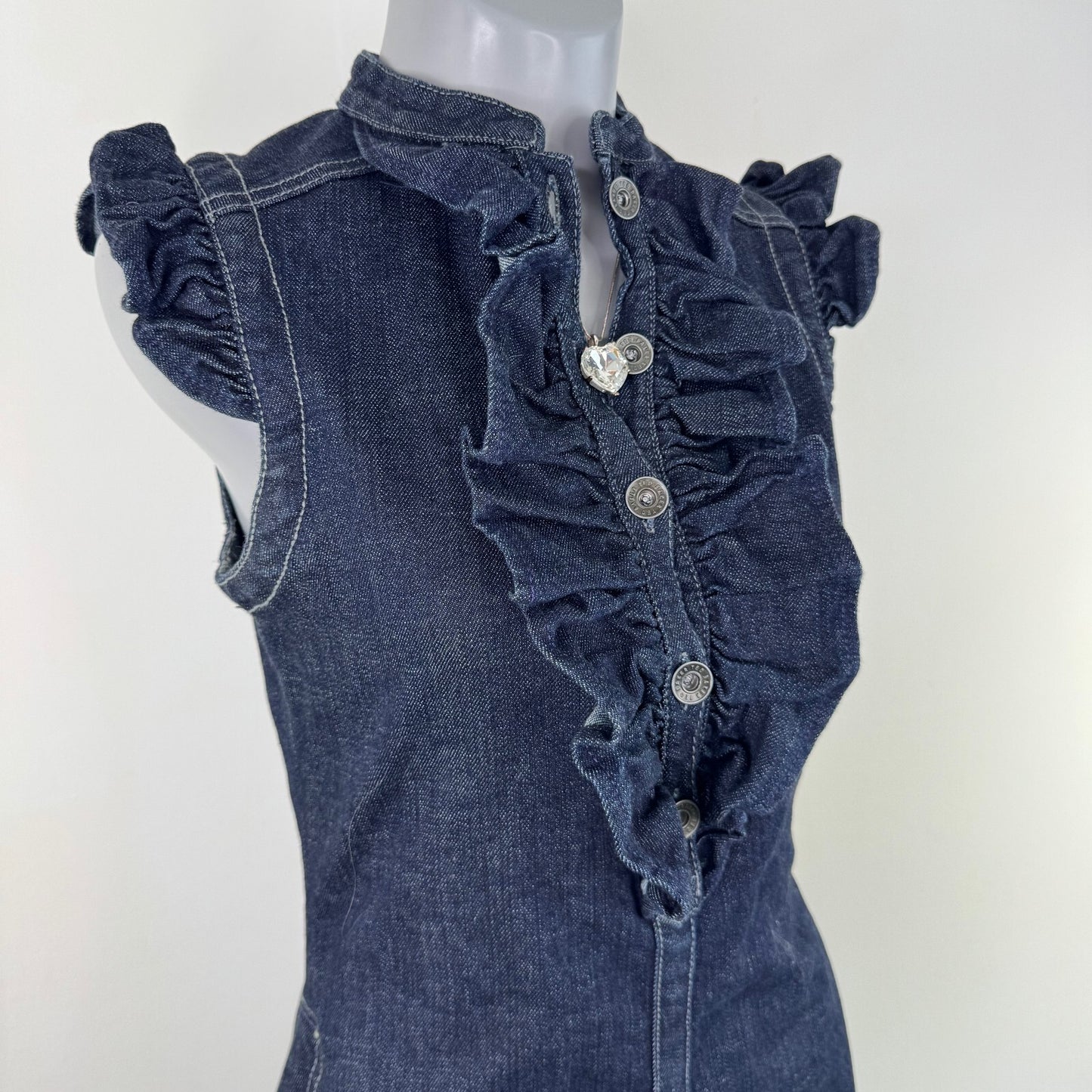 Y2K vintage Ted Baker denim mini dress ruffle bust button up sleeveless fitted