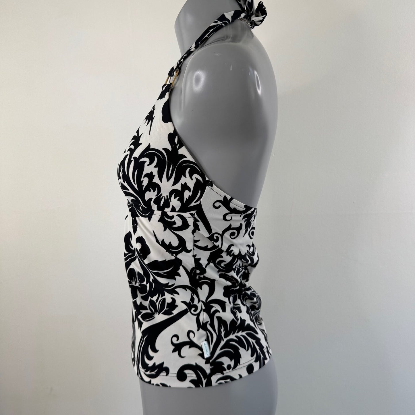 Vintage tankini top filigree black white halter neck tie bow v neck