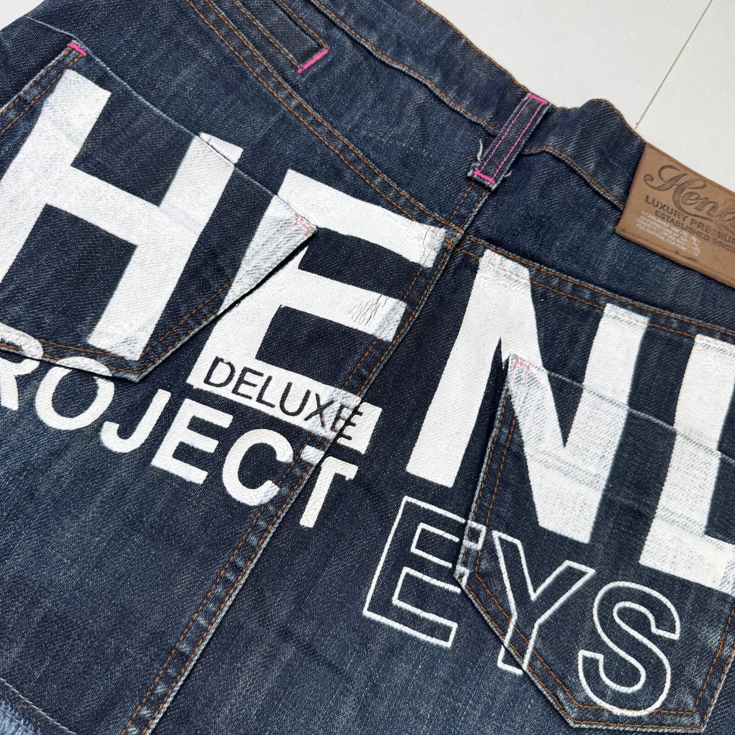 Y2K vintage Henleys mini skirt low rise graphic print dark blue denim wash