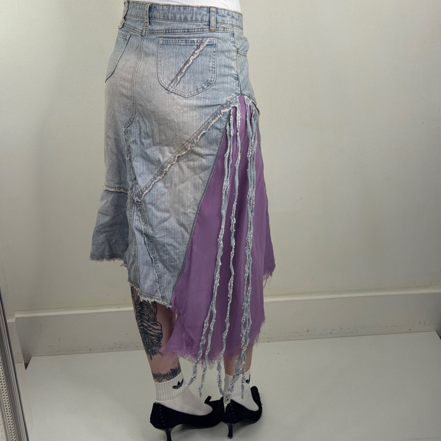 Y2K vintage denim midi skirt asymmetrical floral fairy boho embroidered a line