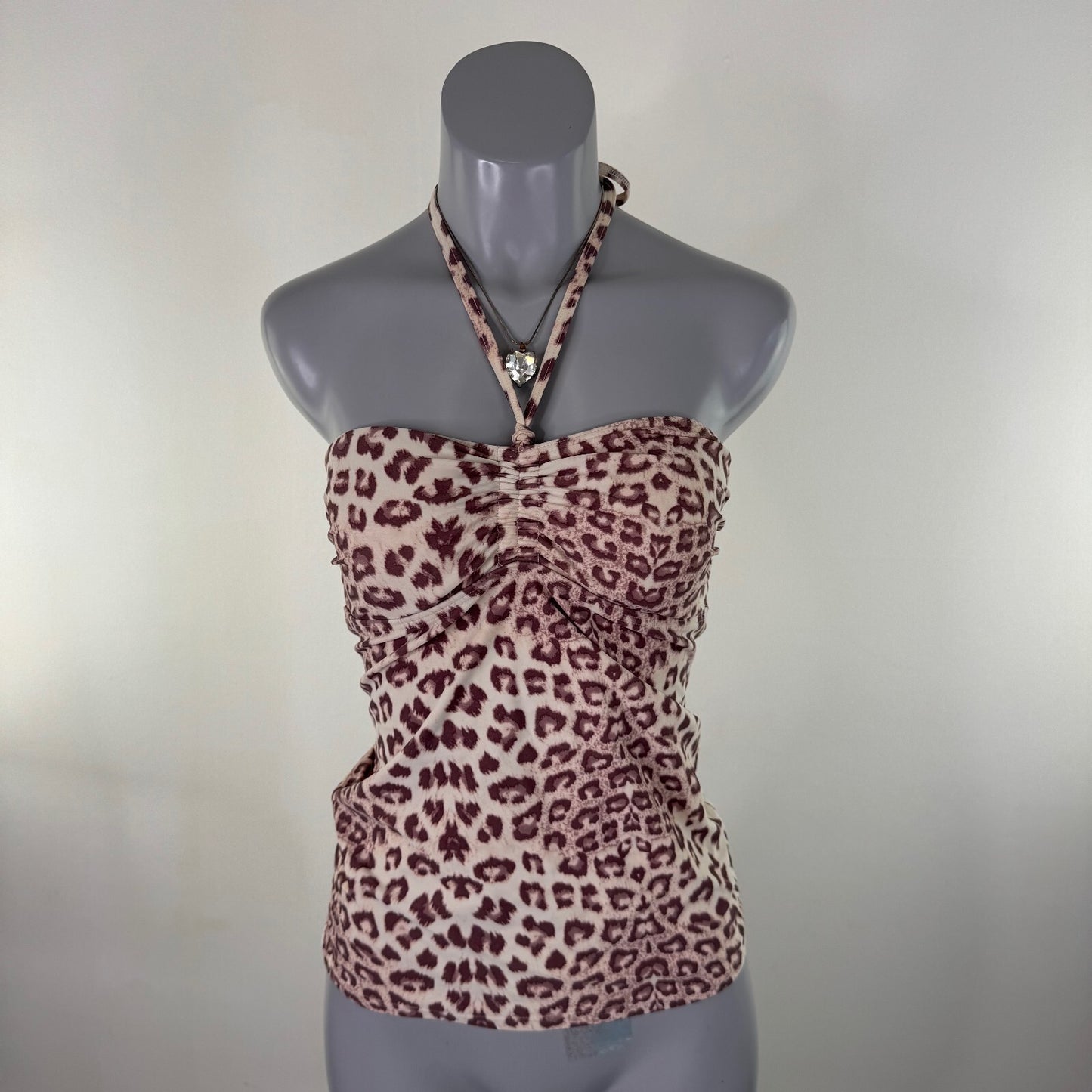 Y2K vintage tankini top leopard print halter neck ruched