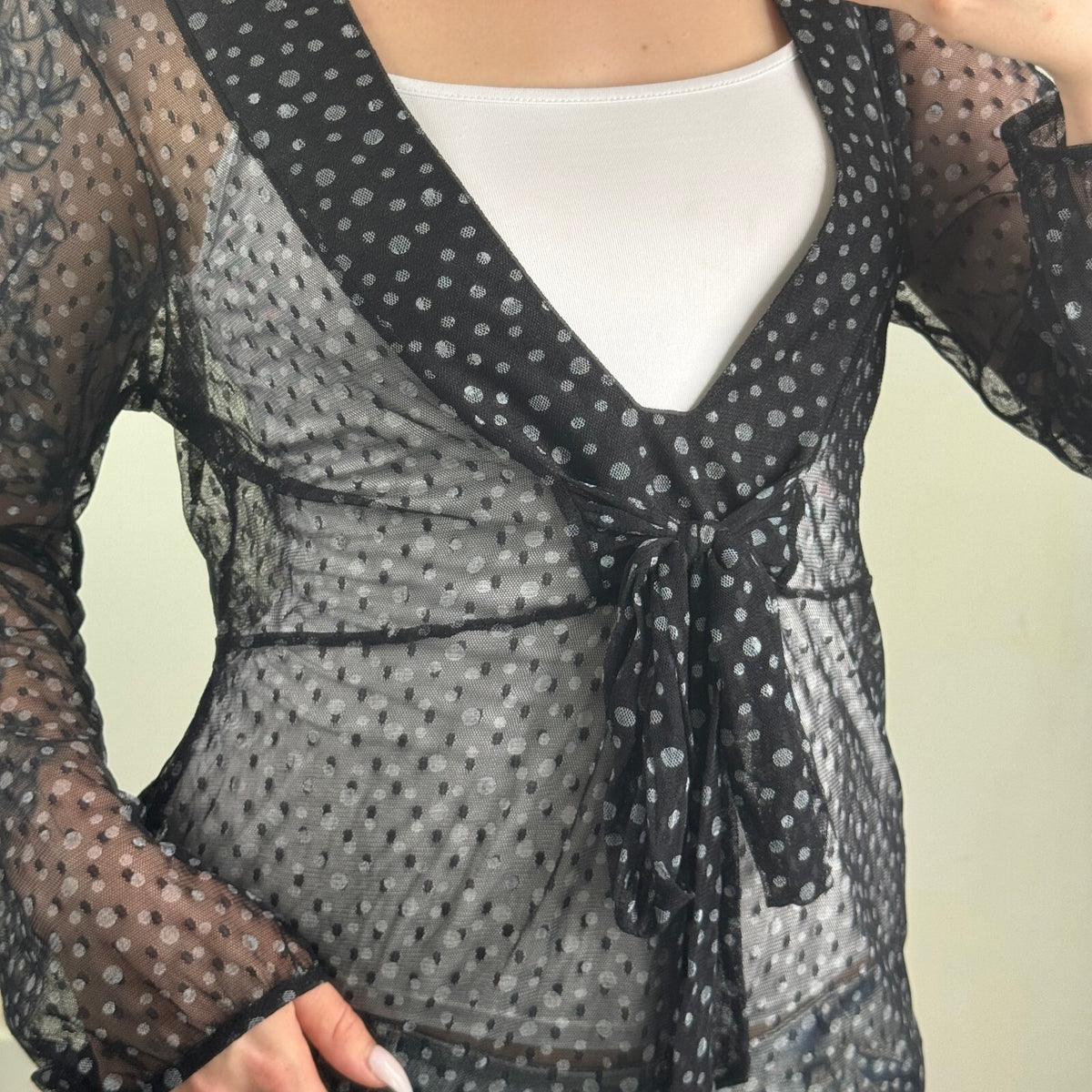 Y2K vintage Per Una top mesh sheer v neck bow stretchy polka dot long sleeve