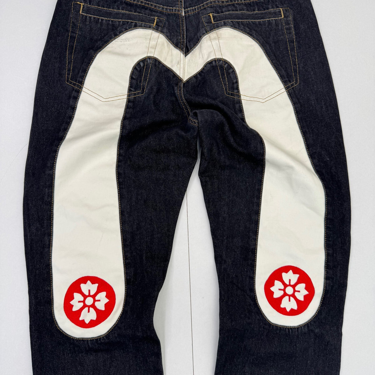 Y2K Vintage Evisu White Daicock Kamon Selvedge Jeans Dark Indigo Denim