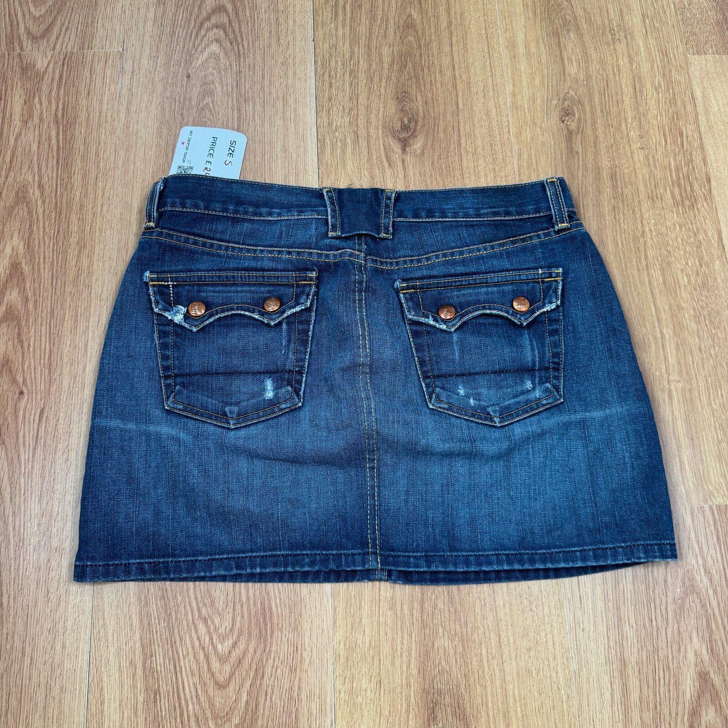 Y2K vintage mini skirt dark blue faded denim wash luck you distressed pockets