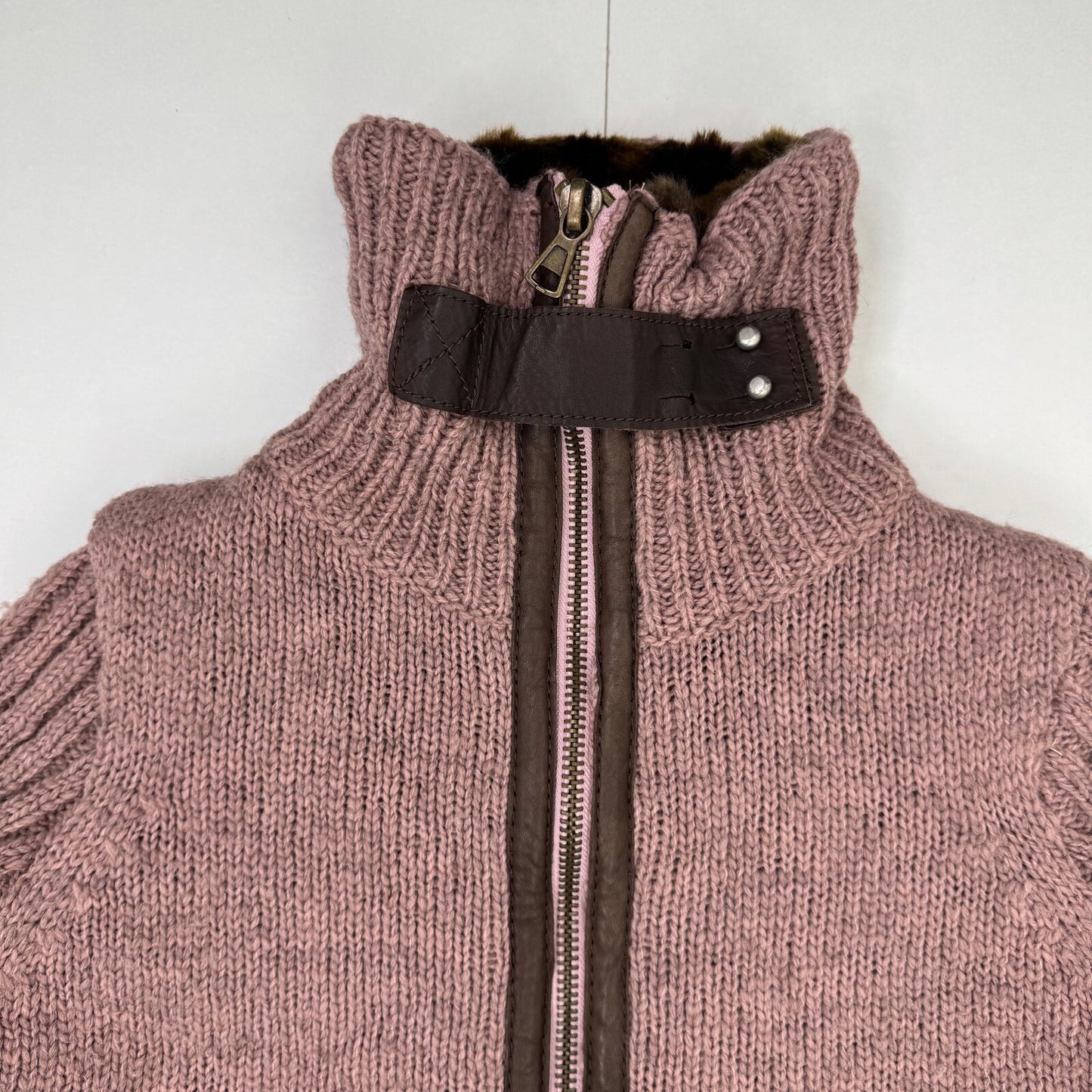 Y2K vintage Miss Sixty zip up jumper chunky knit wool high roll neck faux fur