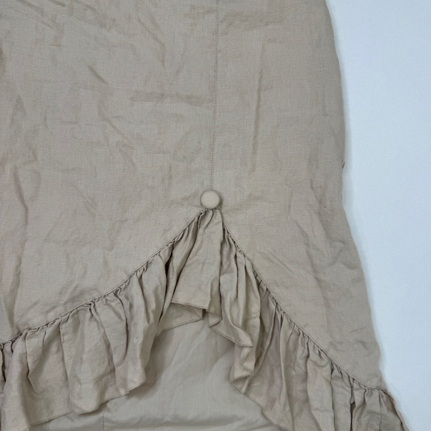 Y2K vintage 100% linen midi skirt asymmetrical hem ruffle button cream