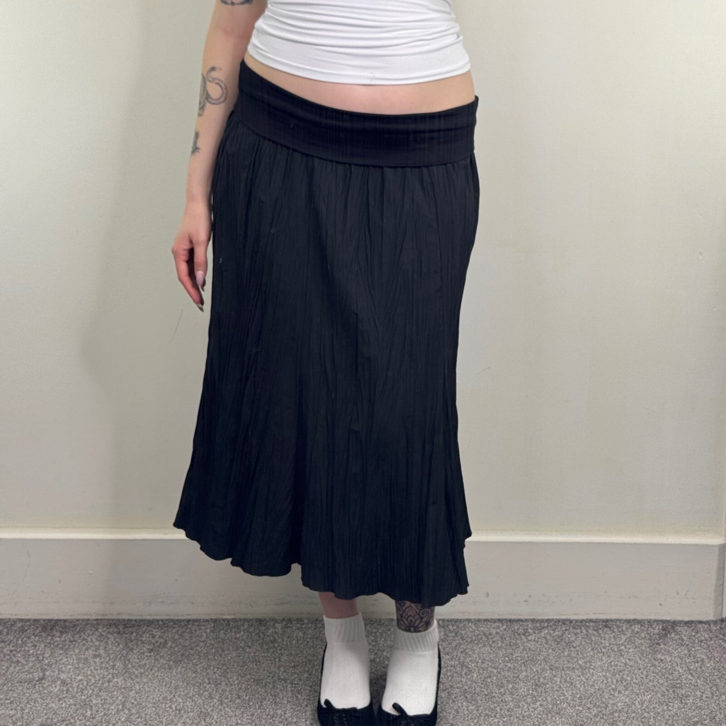 Y2K vintage maxi skirt fold over waistband flowy a line crinkle low rise