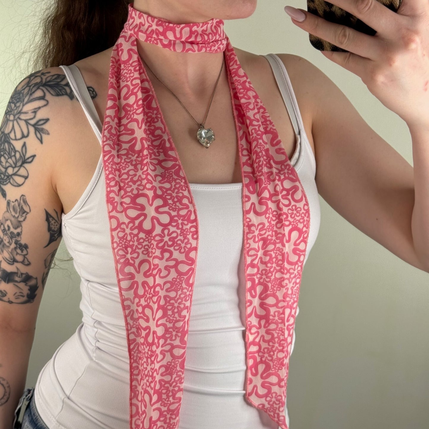 Y2K vintage scarf skinny thin sheer floral print white pink