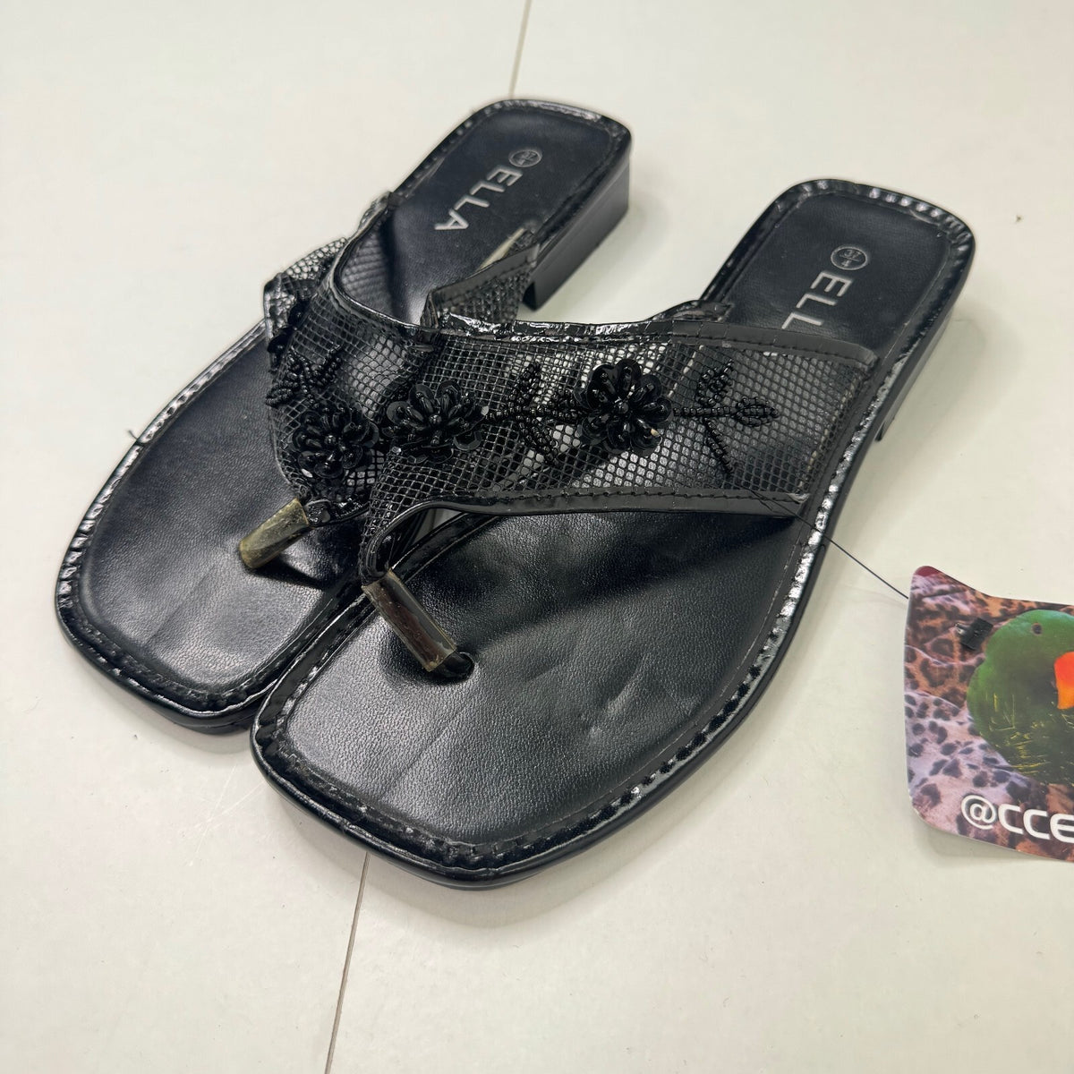 Y2K vintage sandals flip flops beaded mesh floral sequin square toe