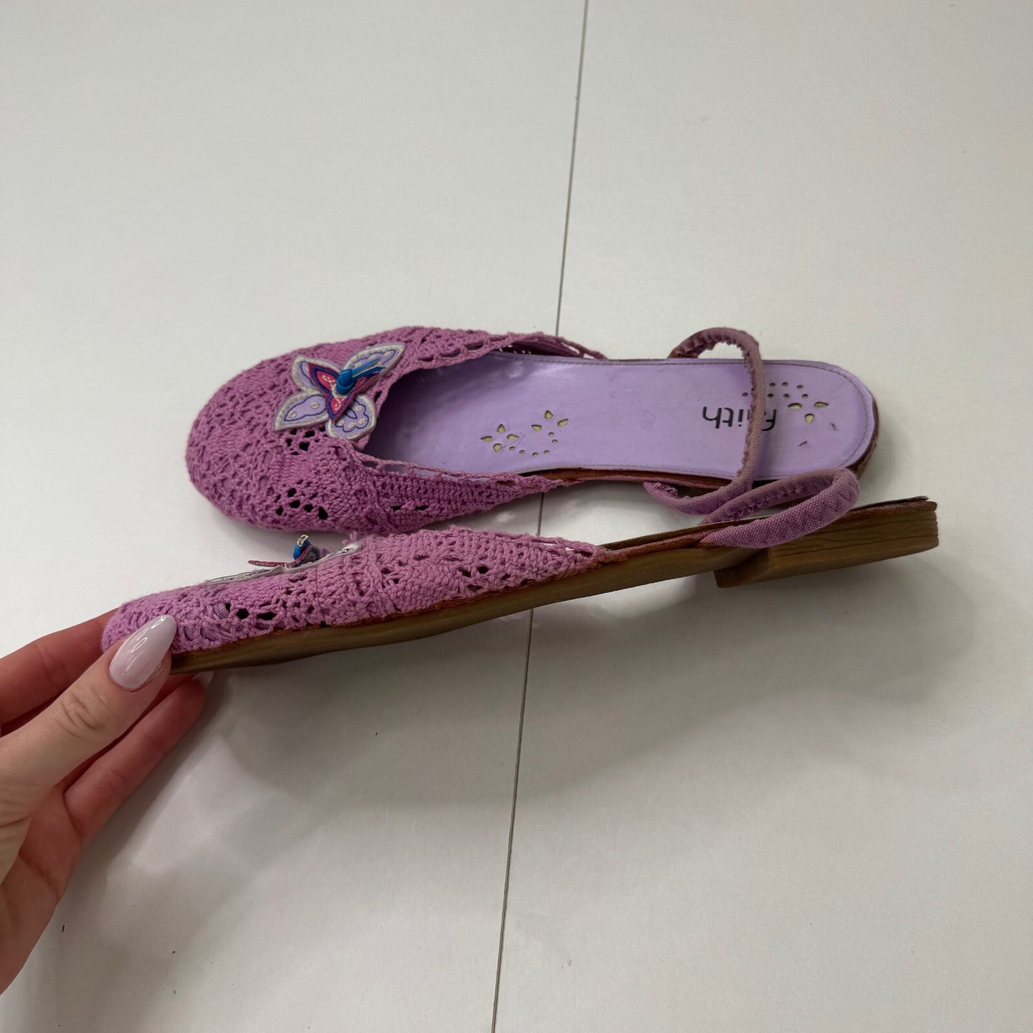 Y2K vintage Faith slip on sandals crochet butterfly lilac summer boho holiday