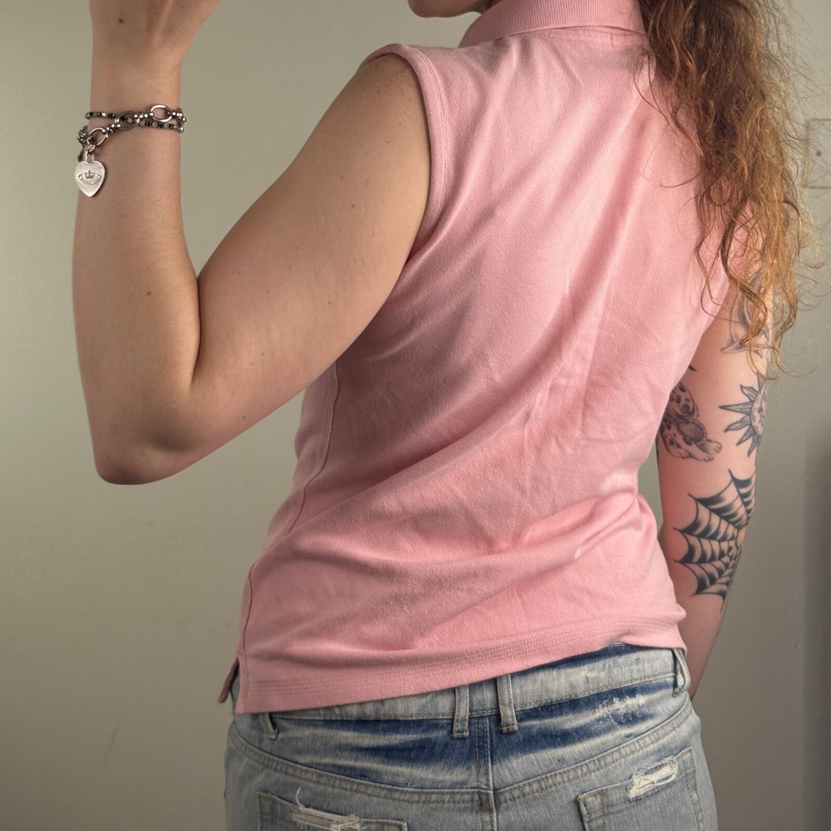 Y2K vintage Timberland polo top henley sleeveless tank collar pale pink