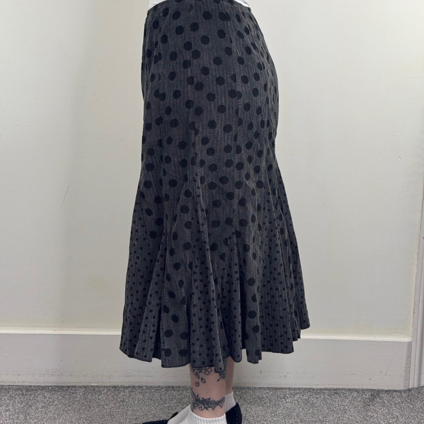 Y2K vintage Per Una maxi skirt polka dot cotton a line gathered grey black