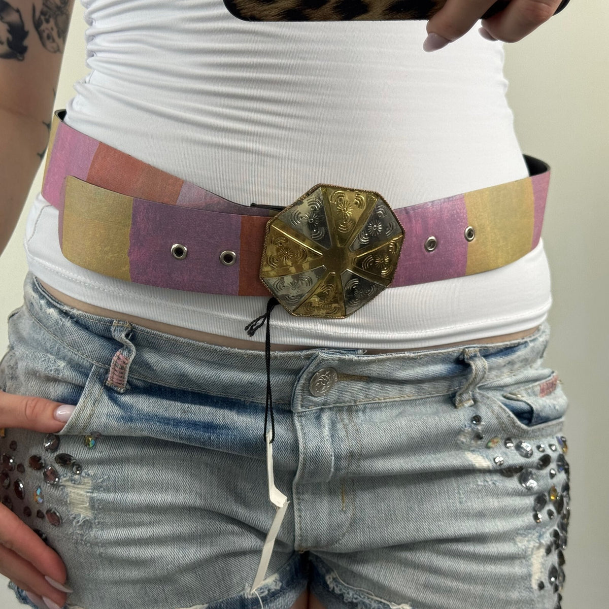 Y2K vintage belt boho colourful rainbow embossed circle hexagon disc