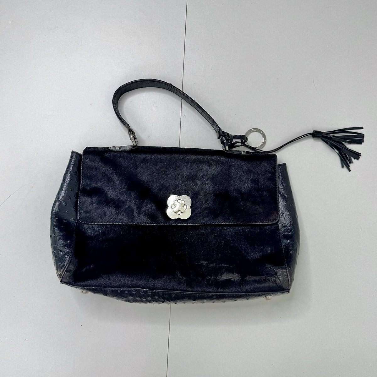 Y2K vintage pony hair handbag leather ostrich effect pattern fringe medium