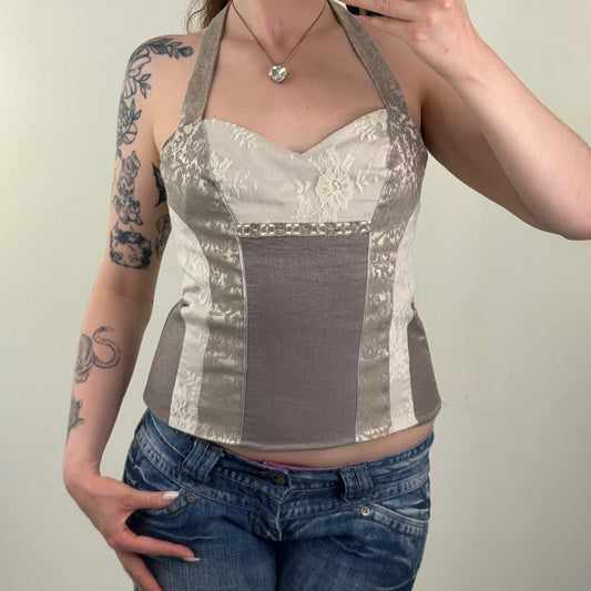 Y2K vintage halter neck top lace patchwork sparkly glitter stripe sweetheart