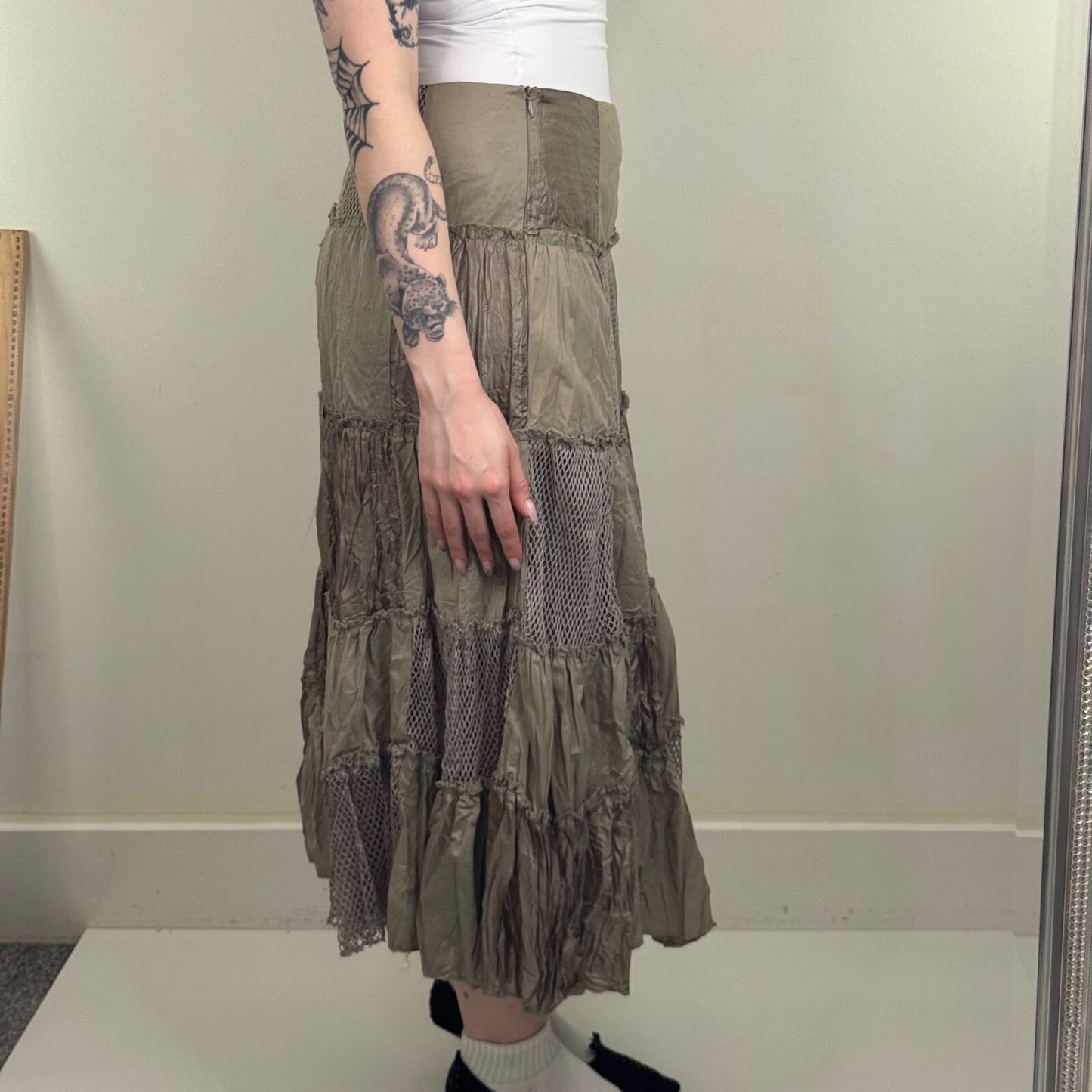 Y2K vintage maxi skirt patchwork satin fishnet khaki crinkle a line boho