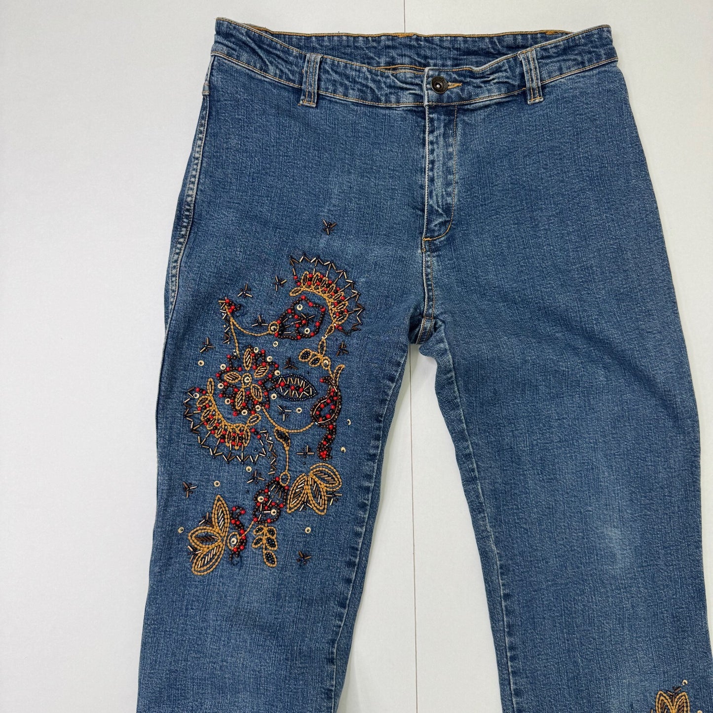Y2K vintage bootcut denim jeans mid rise embroidered beaded sequin boho
