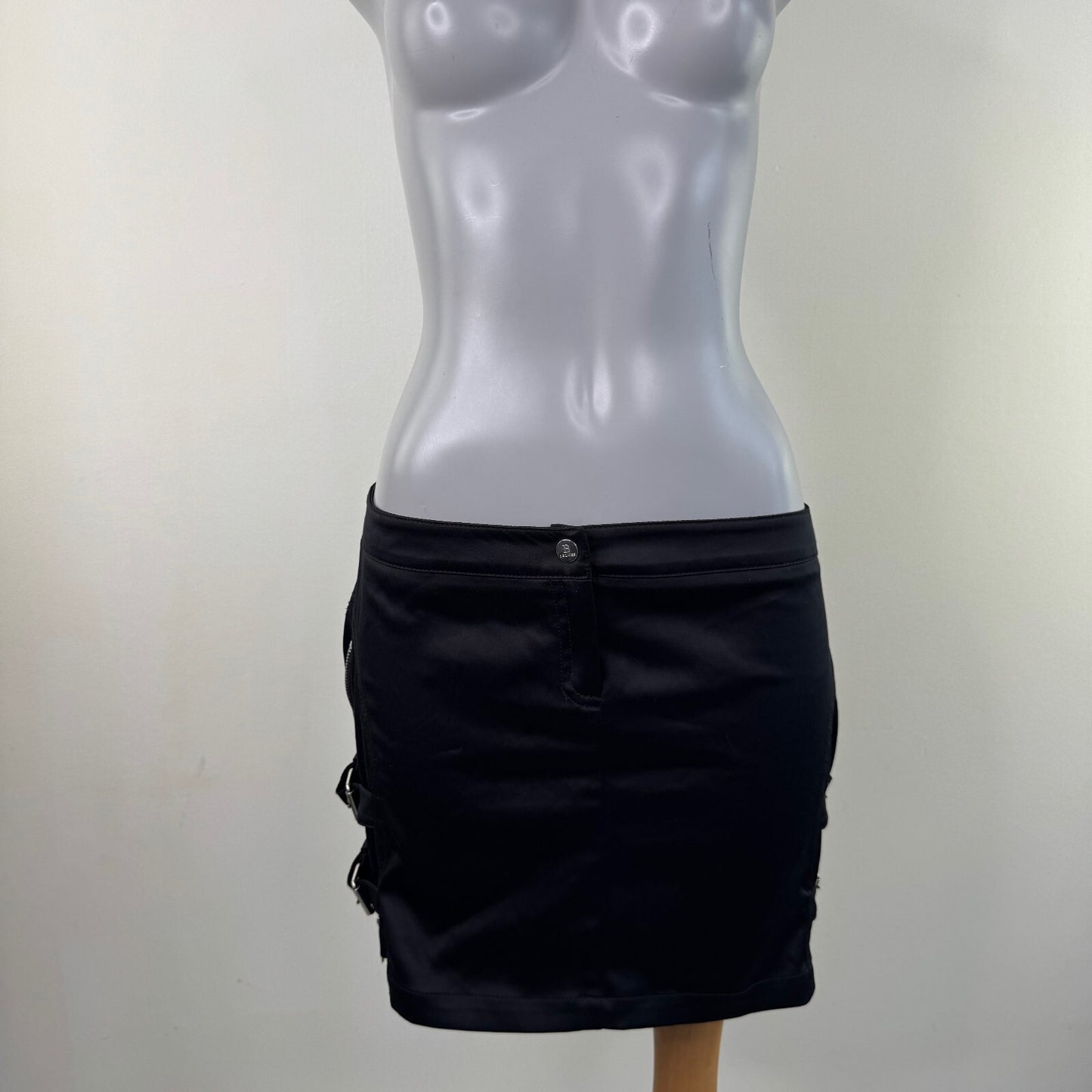 Y2K vintage mini skirt low rise satin zippers black silver buckle