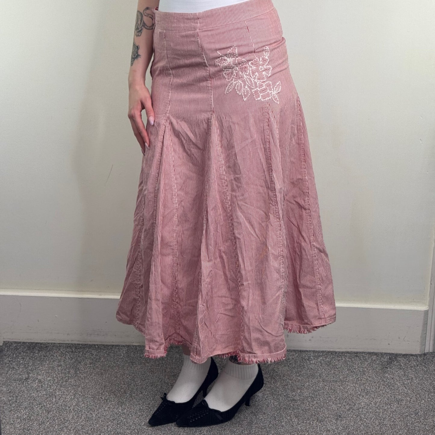 Y2K vintage Per Una maxi skirt cotton pinstripe a line floral embroidered boho