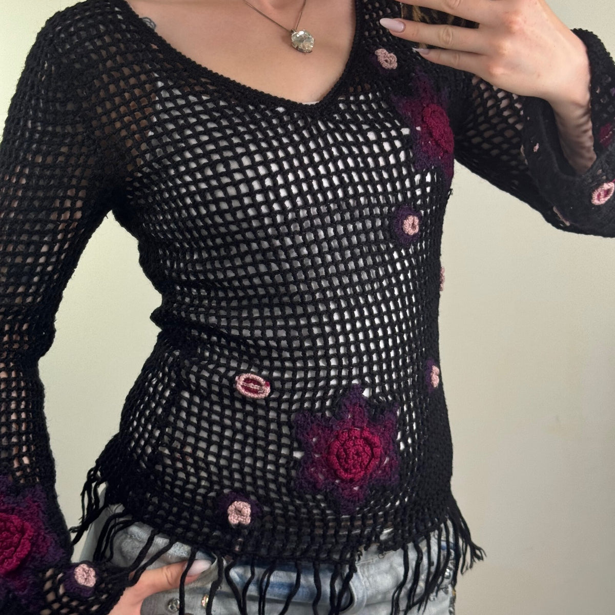 Y2K vintage crochet jumper knit floral pattern flare long sleeve fringe v neck