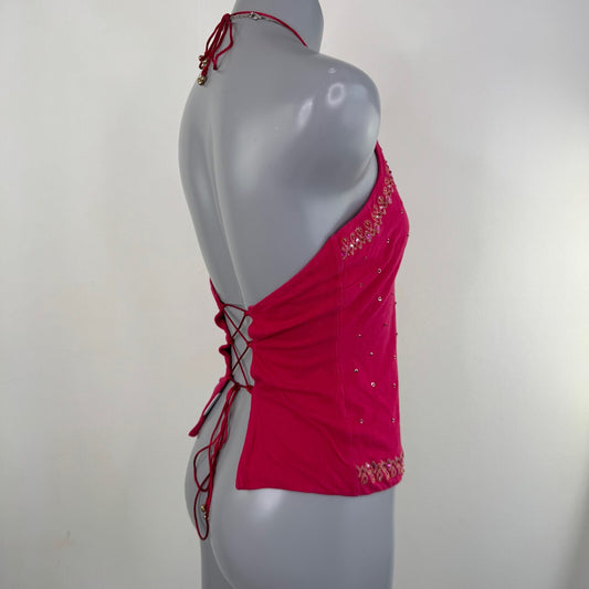 Y2K vintage halter neck top open lace up back embellished embroidered boho