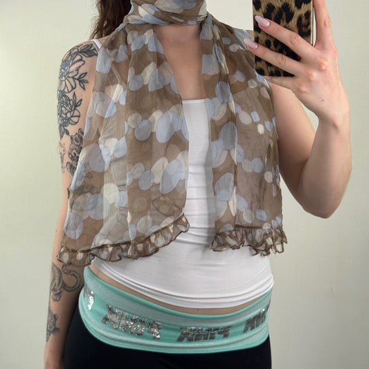 Y2K vintage scarf 100% silk spotty brown blue frilly trim sheer