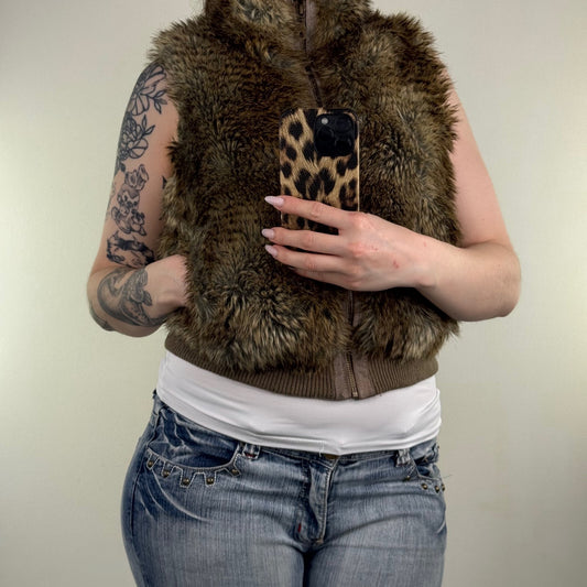 Y2K vintage faux fur gilet short bodywarmer zip up high neck suede trim brown